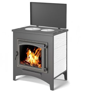 Печь-Камин ВЕЗУВИЙ ПК-04 (240) с плитой бежевый 12 кВт (200 м3) Ø115мм