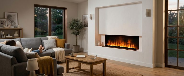 Встроенный паровой камин в нише гостиной